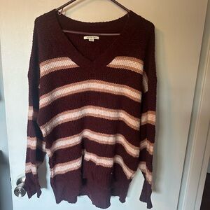 American Eagle Outfitters Burgundy and Cream V-Neck Sweater